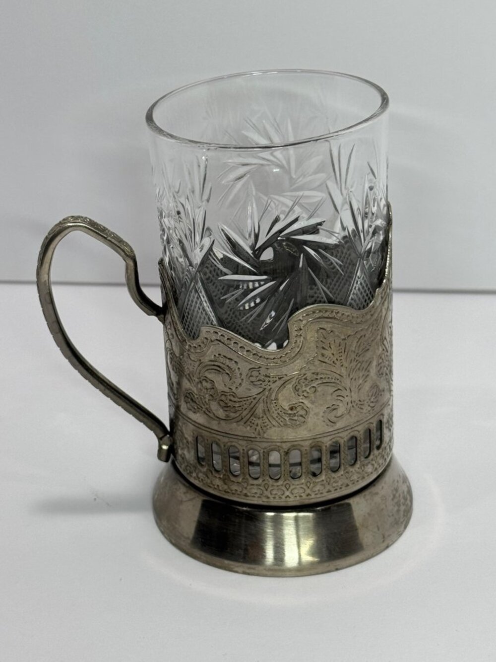 Vintage Etched Glass & Silver Metal Holder Tea Cup 5" Tall
